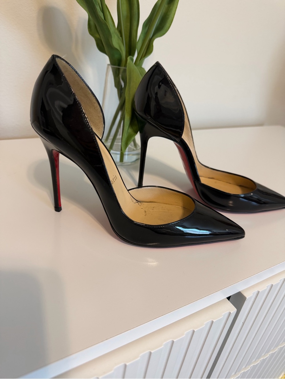 Christian Louboutin Black Patent Pointed-Toe Stiletto Pumps with Red Soles